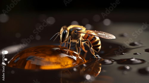 Bee on a honey drop realistic photorealistic close-up. Al generated