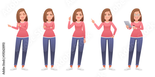A young woman stands dissatisfied with her arms crossed, with a tablet and a glass of coffee in her hands, points to something. The lady stands in different poses. Beautiful slender white girl