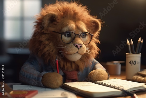 Lion on desk calculating tax photo