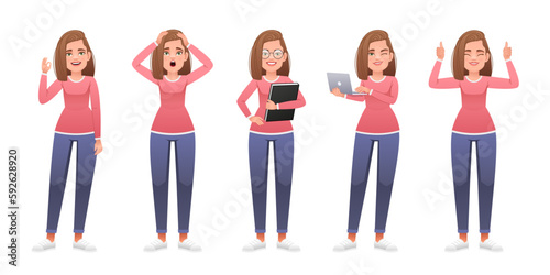 A lady stands with a book in her hand, with a laptop, holding her head in horror, an ok sign, a gesture of approval. A beautiful slender white girl stands in different poses. Young woman