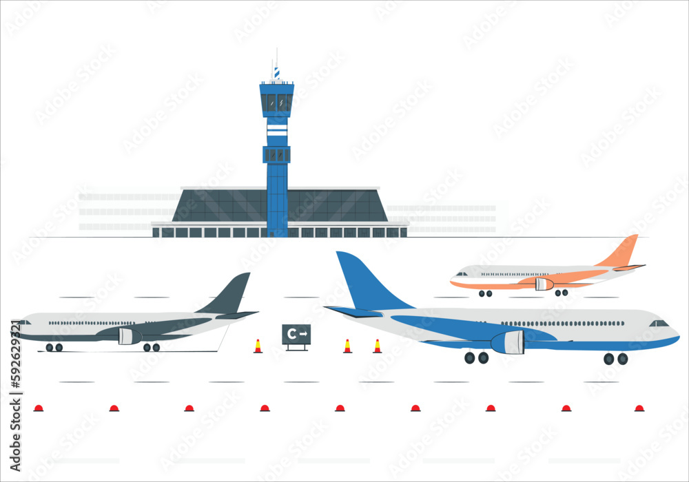 Airport Terminal With Aircraft Flying Plane Taking Off. Isometric airport building and runway, plane taking off. International airport terminal isolated vector illustration. City airport runway strip. - obrazy, fototapety, plakaty 