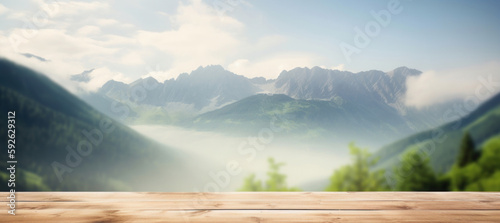 Wooden table against mountain background. Illustration AI Generative.