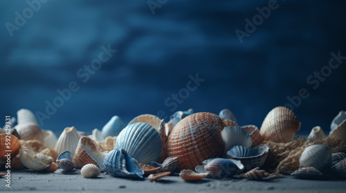 Abstract sea composition, seashells and seaweed summer background. Al generated