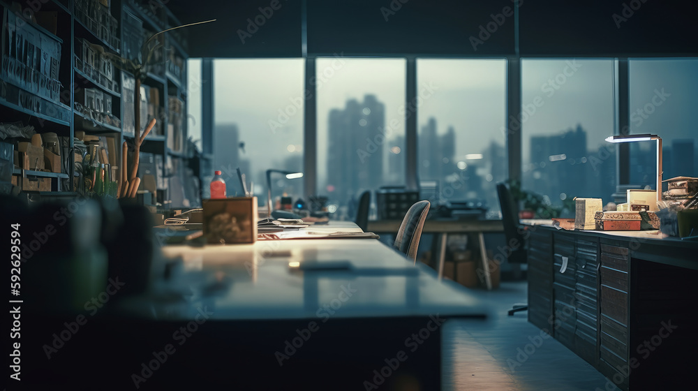 Modern office workstation with supplies and copy space on stylish table over blurred skyscraper. Al generated Modern office workstation with supplies and copy space on stylish table over blurred skyscraper. Al generated