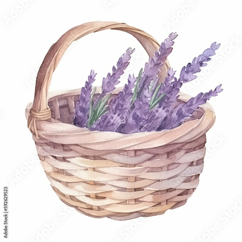 Watercolor lavender flowers in basket. Illustration AI Generative