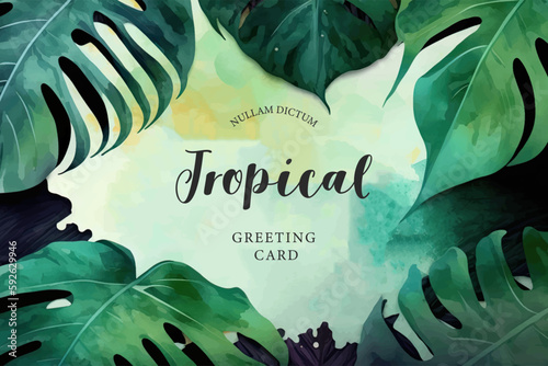 Tropical watercolor plants and flowers, summer holiday banner. Colorful frame with hibiscus and tropical leaves