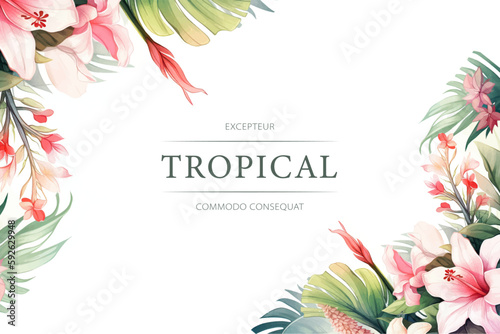 Tropical watercolor plants and flowers, summer holiday banner. Colorful frame with hibiscus and tropical leaves. Generated AI