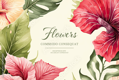 Tropical watercolor plants and flowers, summer holiday banner. Colorful frame with hibiscus and tropical leaves