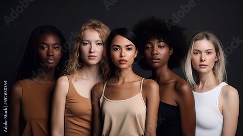 women of different ethnicities posing at camera, enjoy being as they are. bodypositive, plus size model, skinny model. ai generative.