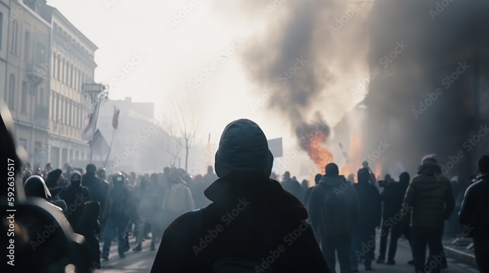 Illustration of big city riot. Crowd of people on unauthorized rally with burning fire and smoke. Public protest demonstration. Strike on outdoor background. AI generative image.