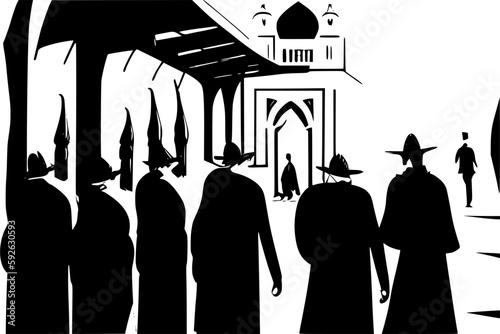 Tel Aviv street with a silhouette of an orthodox jew in traditional clothes. Abstract vector image.