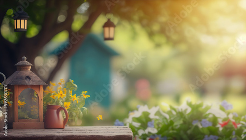 Illustration of cozy decorative garden with flowers and green vegetation outdoor background banner with copy space. AI generative image.