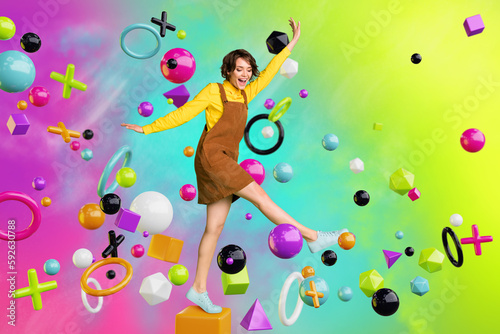 Template banner collage of excited young lady appear from portal in metaverse step road with floating math symbol