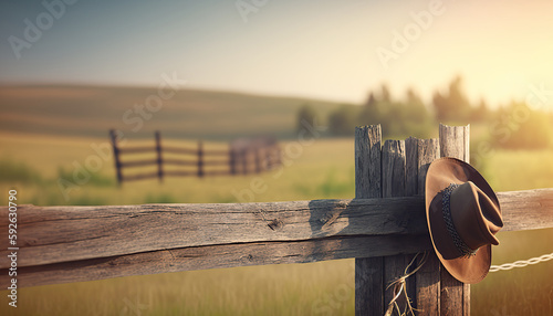 Rural background with cowboy hat on wooden fence. Rustic sunset outdoor backdrop. AI generative image. photo