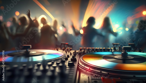 Professional dj music mixing turntable console on the foreground and blurred crowd of dancing people on backdrop. Club party event poster horizontal template. AI generative image.
