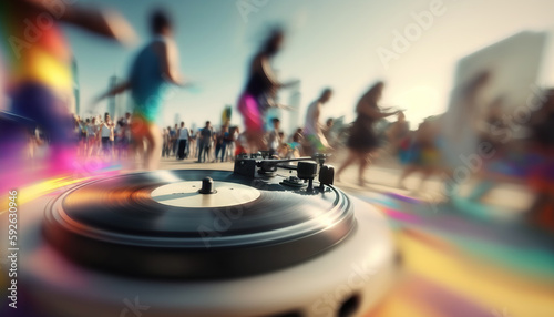 Day light beach music party with close up dj turn table controller and blurred group of people on the outdoor backdrop. Invitation promo poster template. AI generative image.