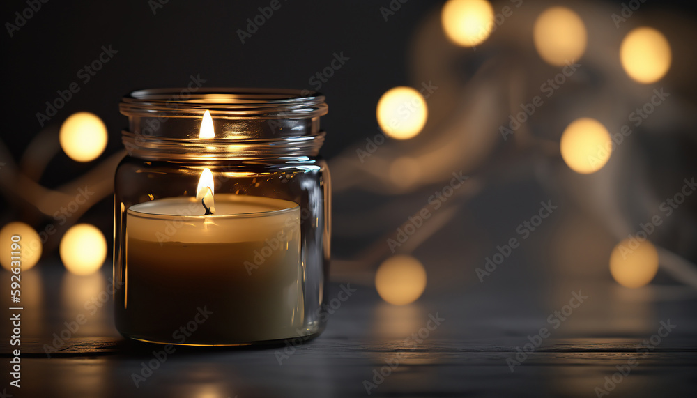 Close up candle burning on dark blurred background. Decorative element. Mourning symbol. Horizontal banner. AI generative image. Close up candle burning on dark blurred background. Decorative element. Mourning symbol. Horizontal banner. AI generative image.