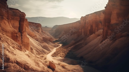 Picturesque view on canyon. Beautiful landscape with red ground vale. Wild nature outdoor background. AI generative image.