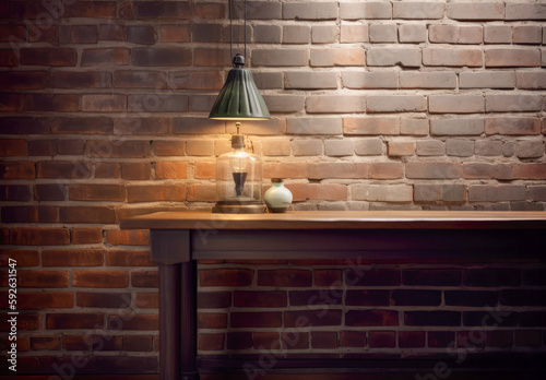 Rustic Charm A Moody Wooden Table Top Against a Distinct Brick Wall