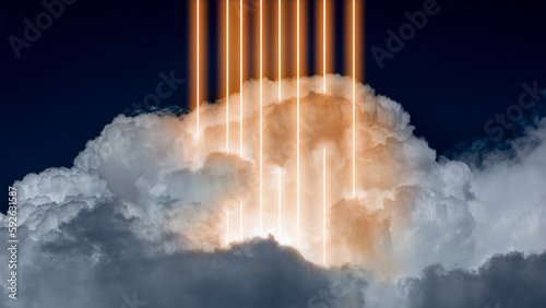 Digital, neon colored, illuminent lines crossing clouds at night over dark background. Abstract high-tech design for wallpaper, background and banner. Break through. Modern vision, virtual art