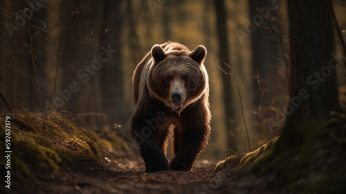 Brown bear wandering in the forest woods, generative AI