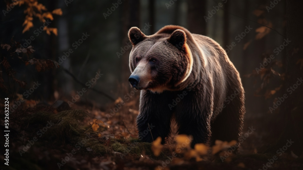 Brown bear wandering in the forest woods, generative AI Brown bear wandering in the forest woods, generative AI