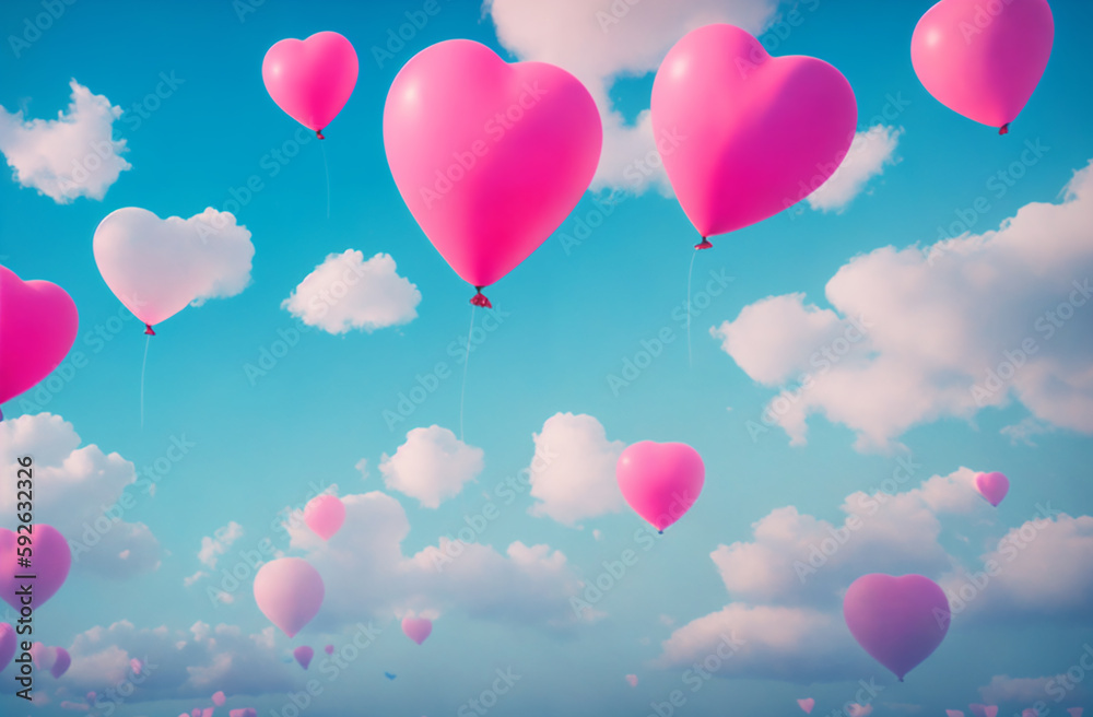 Decorative background with heart shaped balloons. Generative AI