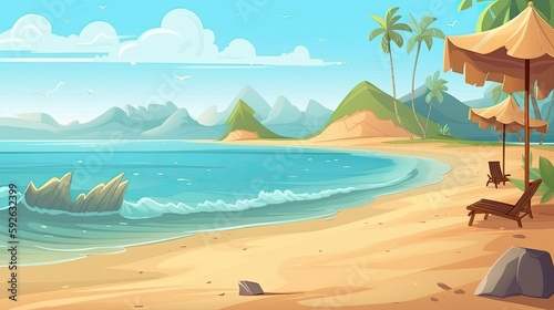 Sky and sun at sea background  ocean and beach vector island scenery empty cartoon. Ocean or sea water with waves and clouds in sky summer blue seascape with cloudy sky and seaside. Generative Ai