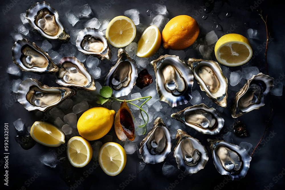 Ai, artificial intelligence, Gourmet oysters, champagne, basil and lemon in ice Ai, artificial intelligence, Gourmet oysters, champagne, basil and lemon in ice