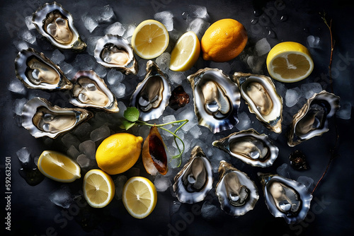 Ai, artificial intelligence, Gourmet oysters, champagne, basil and lemon in ice