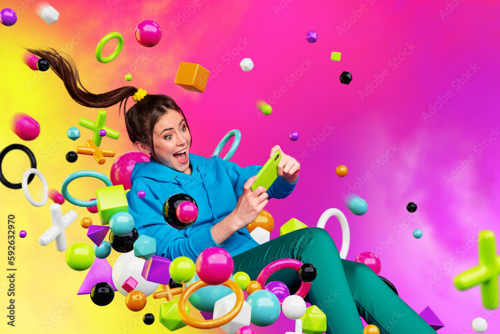 Creative colorful 3d magazine collage image of smiling excited lady playing gane modern gadget isolated painting background