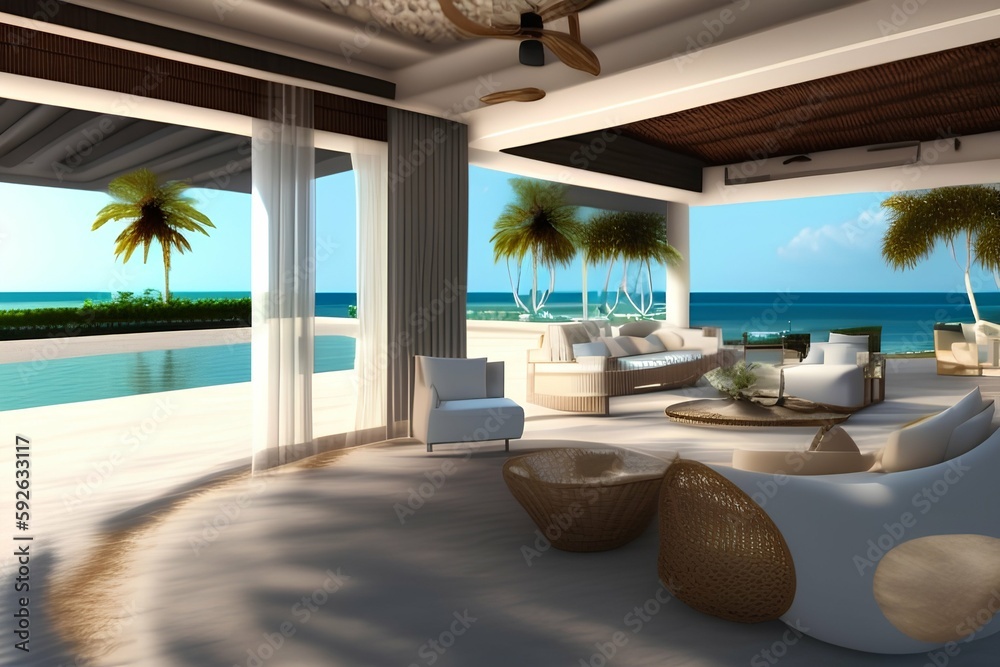luxury villa on the beach, living room of the house - generative ai
