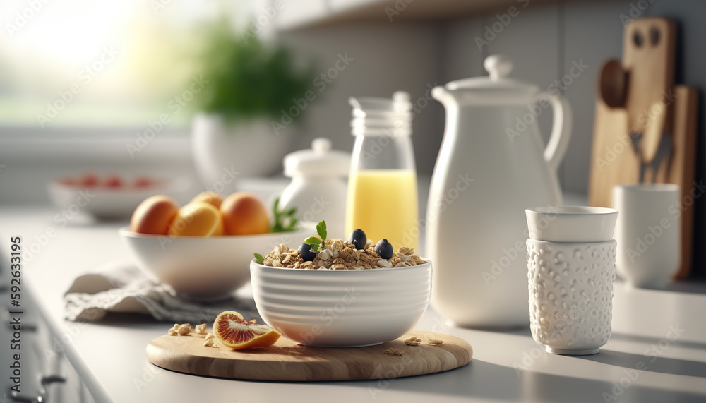 Comfortable spacious modern kitchen. White colors. Breakfast time sunlight indoor background. Cozy interior. AI generative image.