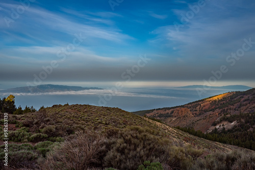 Sunrise view of La Palma and La Gomera from Tenerife, up on the Volcano of Mount Teide