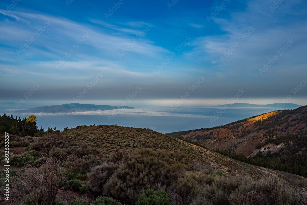Sunrise view of La Palma and La Gomera from Tenerife, up on the Volcano of Mount Teide