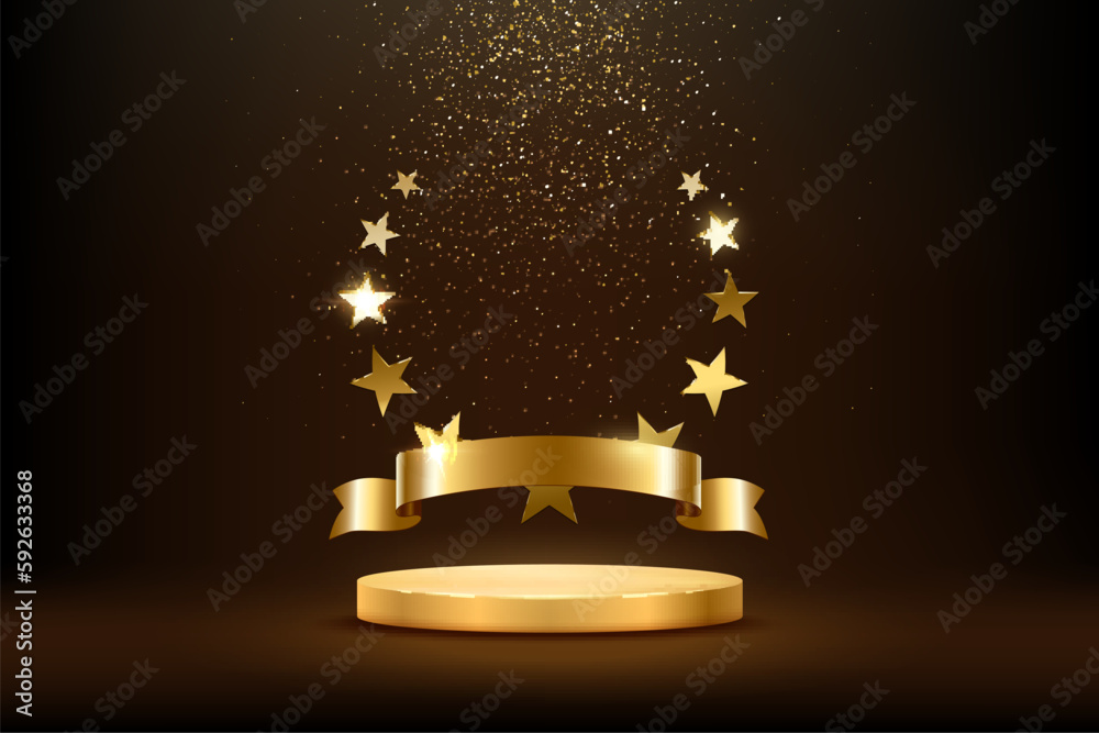 Gold podium with luxury award and falling golden glitter, 3D honor ...