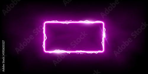 Magic purple rectangle of thunder storm pink lightnings. Magic and bright light effects electric border. Plasma frame with thunderbolt electricity lightning power effect on dark fog background