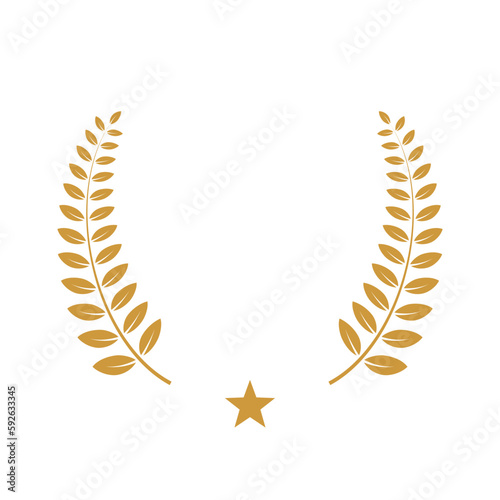 Yellow laurel wreath with star icon vector illustration. Winner award with leaves silhouette, trophy, gold certificate or birthday congratulation for ceremony isolated on white