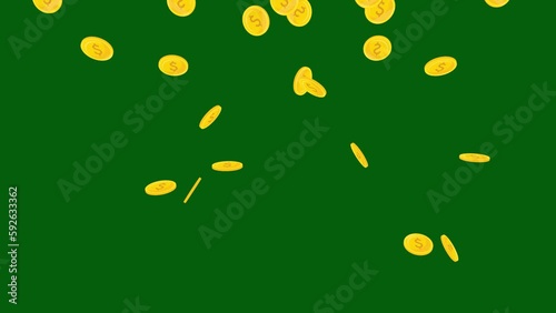 Dollar golden coins falling 3D effect animation with green screen chroma key, financial growth photo