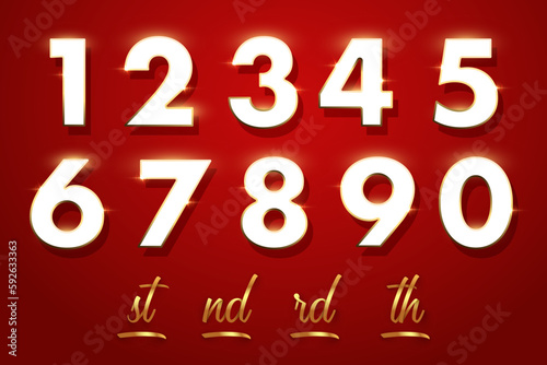 White numbers with gold frames and golden ribbons ending of the words isolated on red background. Vector festive design elements for Birthday, anniversary or holydays