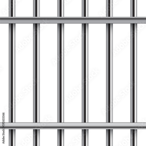 3d prison cage vector illustration. Realistic vertical and two horizontal metal jail bars, iron grid mesh of crossed rods, gaol lattice from pipes for arrest and punishment of criminals in jailhouse