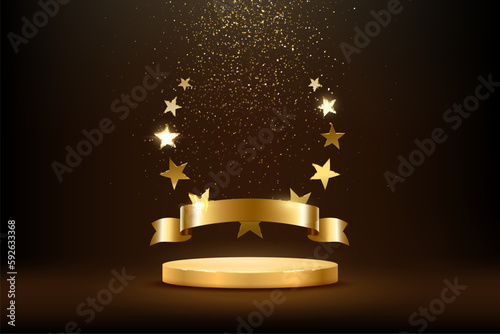Gold podium with luxury award and falling golden glitter, 3D honor trophy for winners