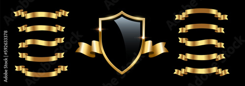 Black glass shield with gold ribbons set of different shapes, 3d glossy insignia or prize