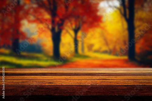 Wooden table against an autumn forest background