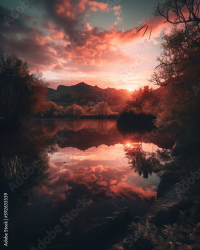 A charming, ultra-realistic illustration of a sunrise overlaid with a sunset, creating a beautiful and harmonious image of time and light