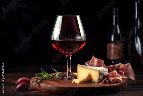 glass of wine surrounded with cheese, ham and olives. Generated ai.