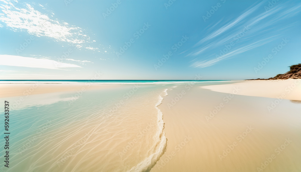 Beautiful and peaceful sea sandy coast, sunny summer beach scene, outdoor background. Horizontal pc splash screen. AI generative image.