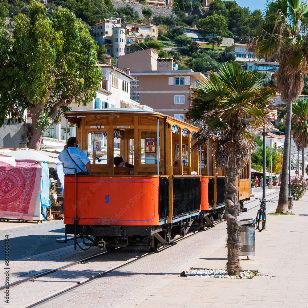 Train on the railway in Port de Sóller, Mallorca, Spain.