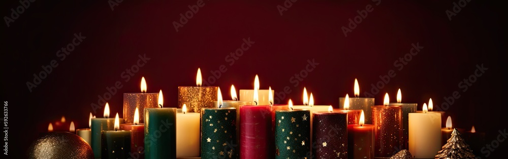 Burning candle and Christmas decoration over snow and wooden background. Generative Ai. Burning candle and Christmas decoration over snow and wooden background. Generative Ai.