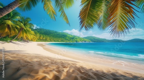 Beautiful and peaceful sea sandy coast, sunny summer beach panoramic scene with palm trees, outdoor background. Vacation time. Horizontal pc splash screen. AI generative image. © vlntn